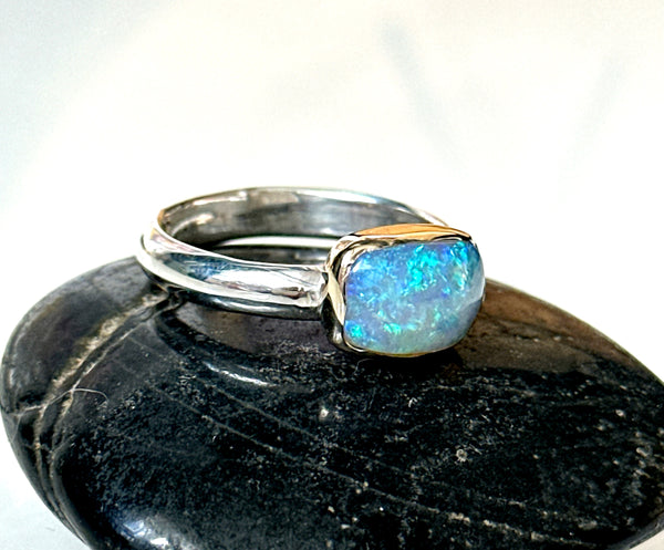 Solid Mintabie Opal 9 carat Gold & Silver Ring