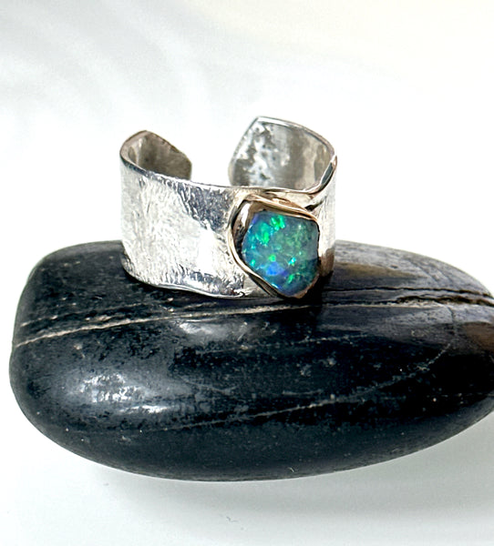 Solid Lightning Ridge Opal 9 Carat Gold & Sterling Silver Ring