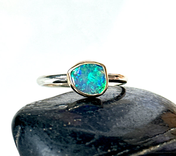 Solid Lightning Ridge Opal 9 Carat & Sterling Silver Ring