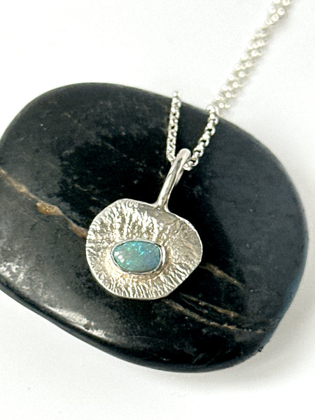 Lightning Ridge Opal Sterling Silver Textured Pendant Necklace