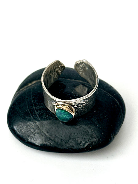 Solid Black Opal Textured Silver & 9 Carat Gold Ring
