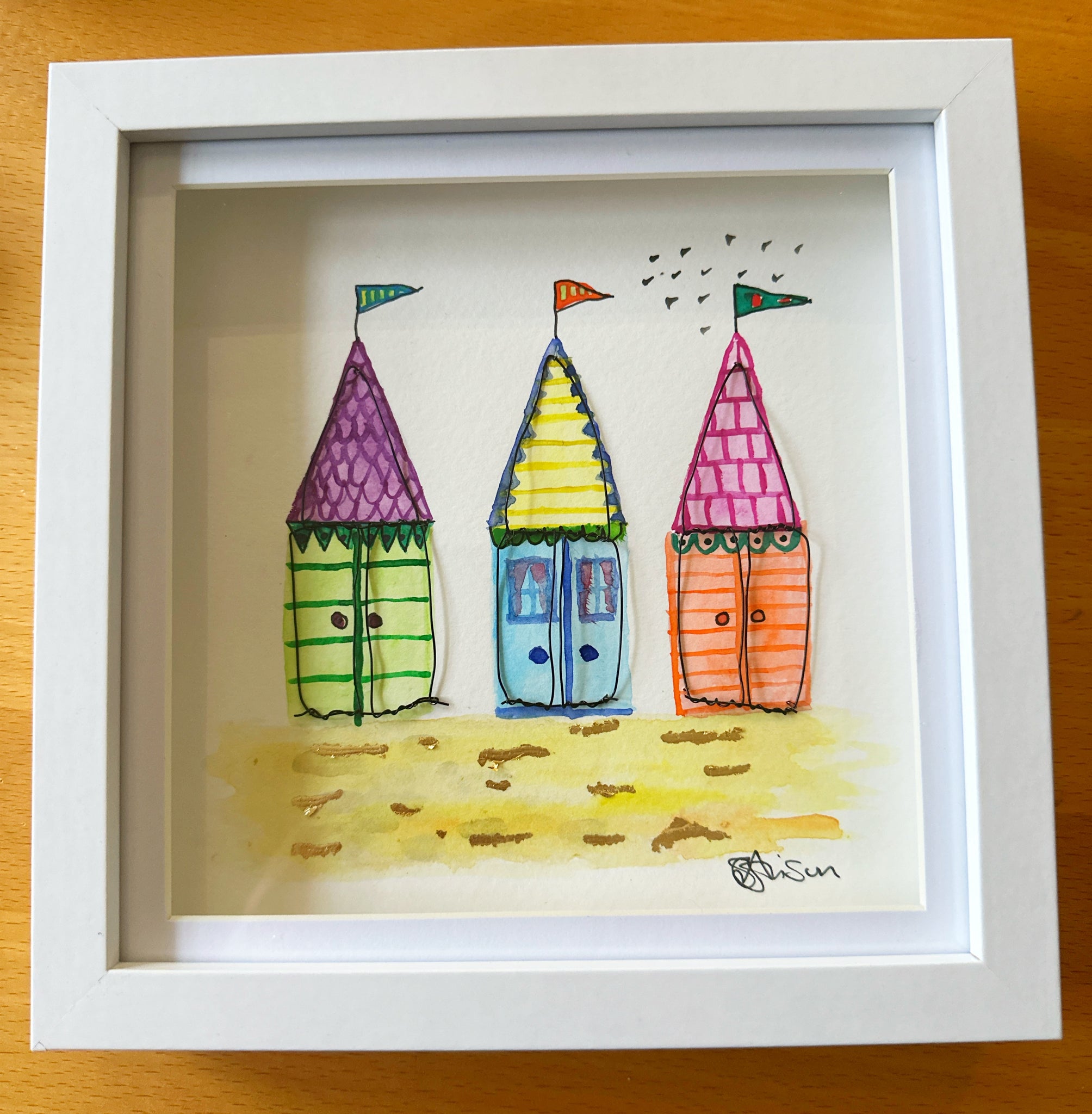 Beach Huts Original Watercolour & Wire Art Work