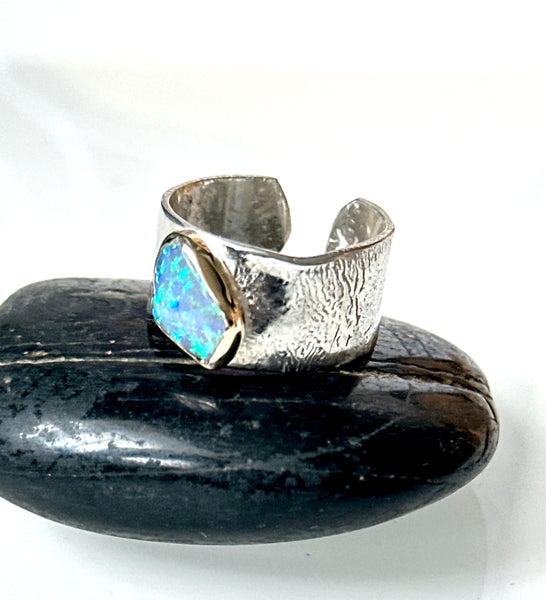 Solid Lightning Ridge Opal 9 Carat Gold & Sterling Silver Ring