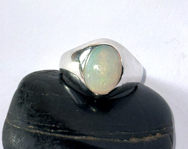 Large Unisex Solid Coober Pedy Opal Sterling Silver Signet Ring