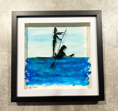 Paddleboarder & Dog Original watercolour & wire sculpture framed art