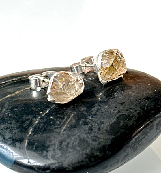 Golden Enhydro (Petroleum Diamond Quartz) Silver Stud Earrings