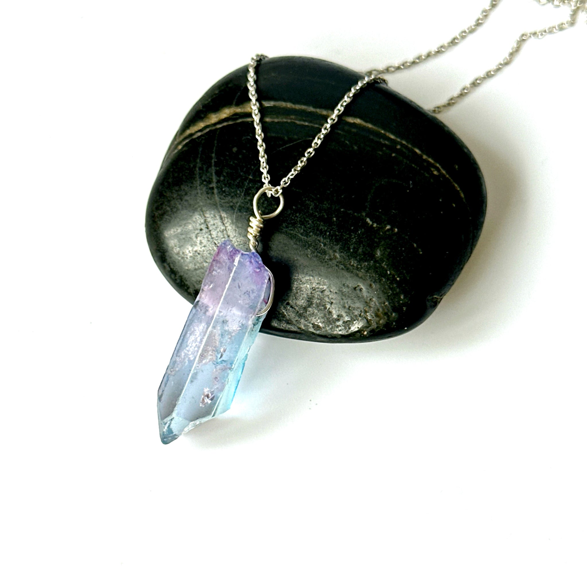 Blue Crystal Point Quartz Sterling Silver Pendant Necklace