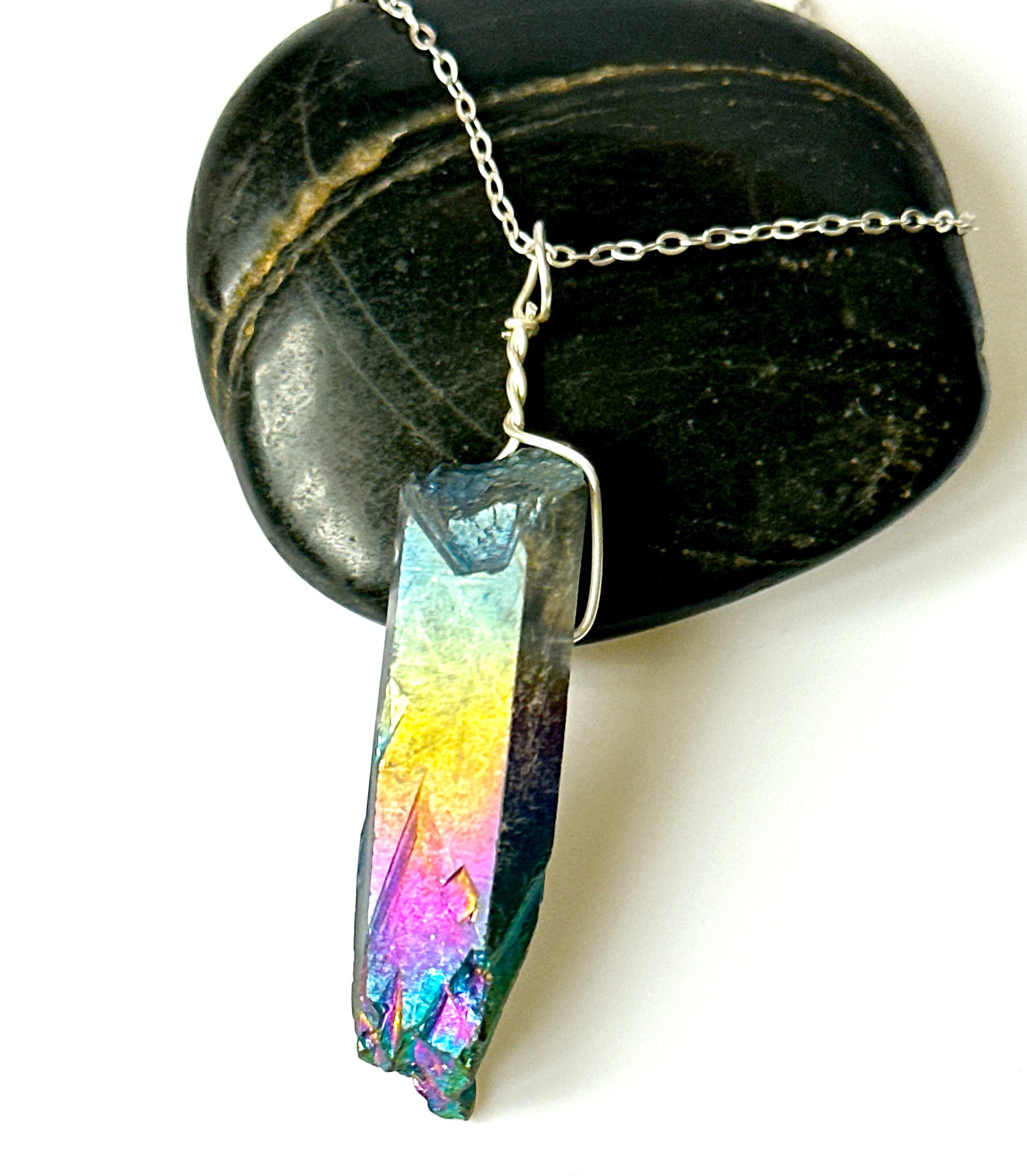 Titanium Rainbow Quartz Sterling Silver Pendant Necklace