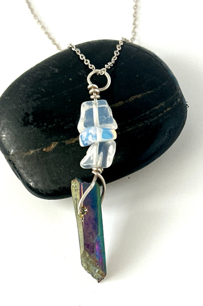 Titanium Quartz & Opalite Silver Pendant Necklace