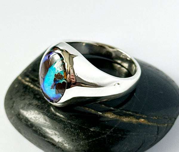 Boulder Opal Unisex Sterling Silver Signet Ring