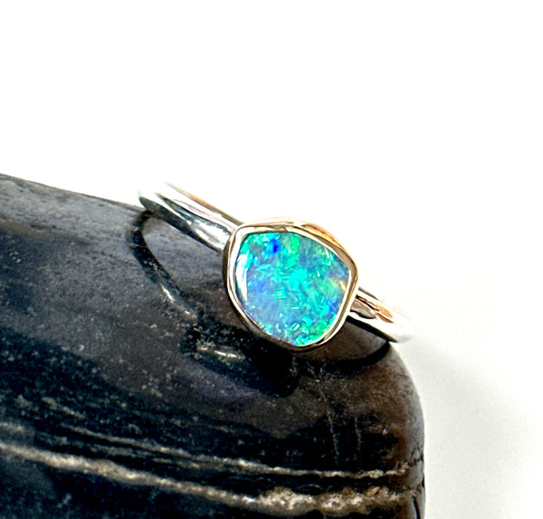 Solid Lightning Ridge Opal 9 Carat & Sterling Silver Ring