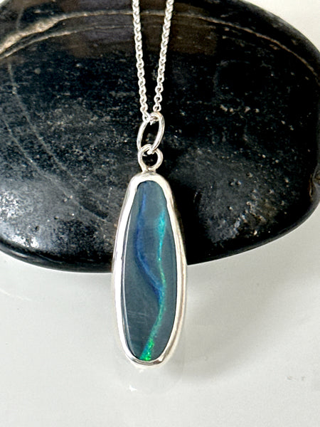 Solid Black Lightning Ridge Opal Sterling Silver Pendant Necklace