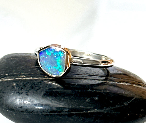 Solid Lightning Ridge Opal 9 Carat & Sterling Silver Ring
