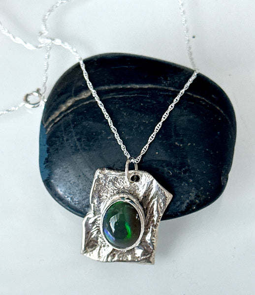 Solid Welo Black Opal Silver Textured Pendant Necklace