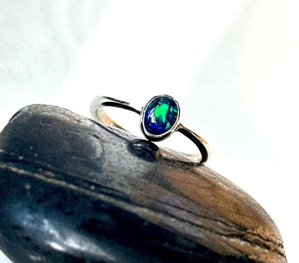 Solid Black Lightning Ridge Opal Sterling Silver Ring