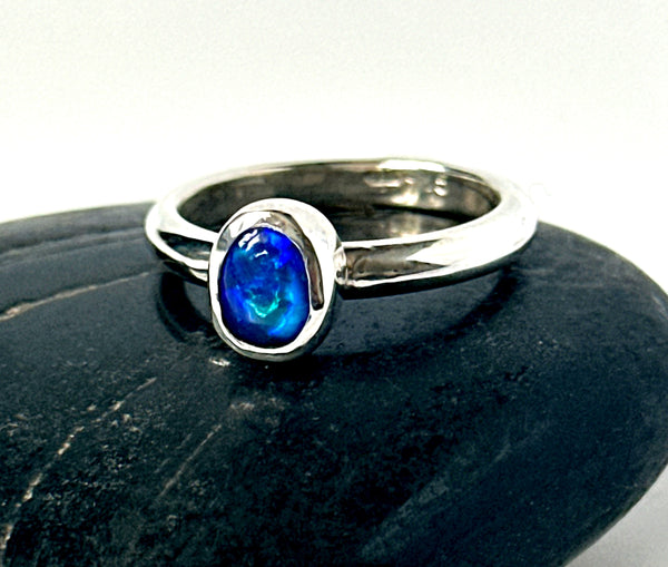 Solid Lightning Ridge Black Opal Sterling Silver Ring