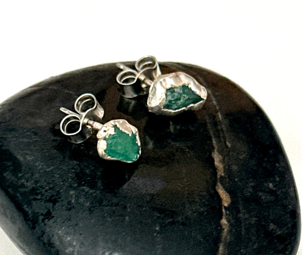 Raw Emerald Silver Stud Earrings