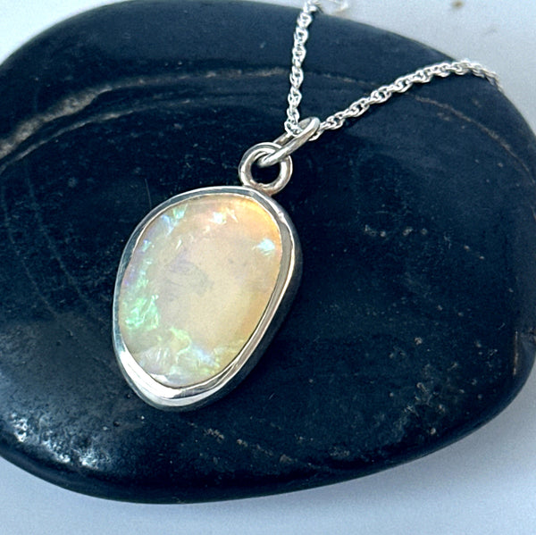 Coober Pedy Solid Opal Sterling Silver Pendant Necklace