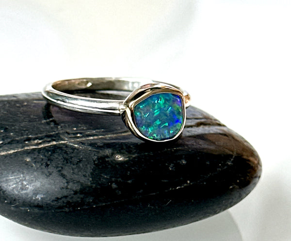 Solid Lightning Ridge Opal 9 Carat & Sterling Silver Ring