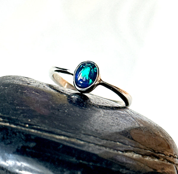 Solid Black Lightning Ridge Opal Sterling Silver Ring