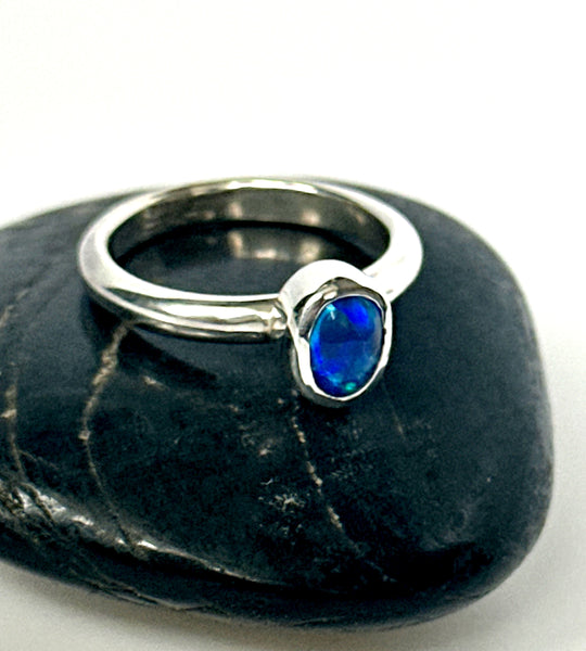 Solid Lightning Ridge Black Opal Sterling Silver Ring