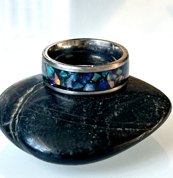 Opal Inlay Titanium Unisex Ring