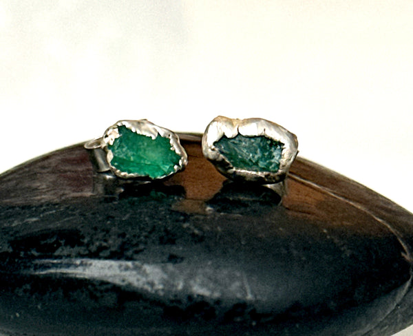 Raw Emerald Silver Stud Earrings
