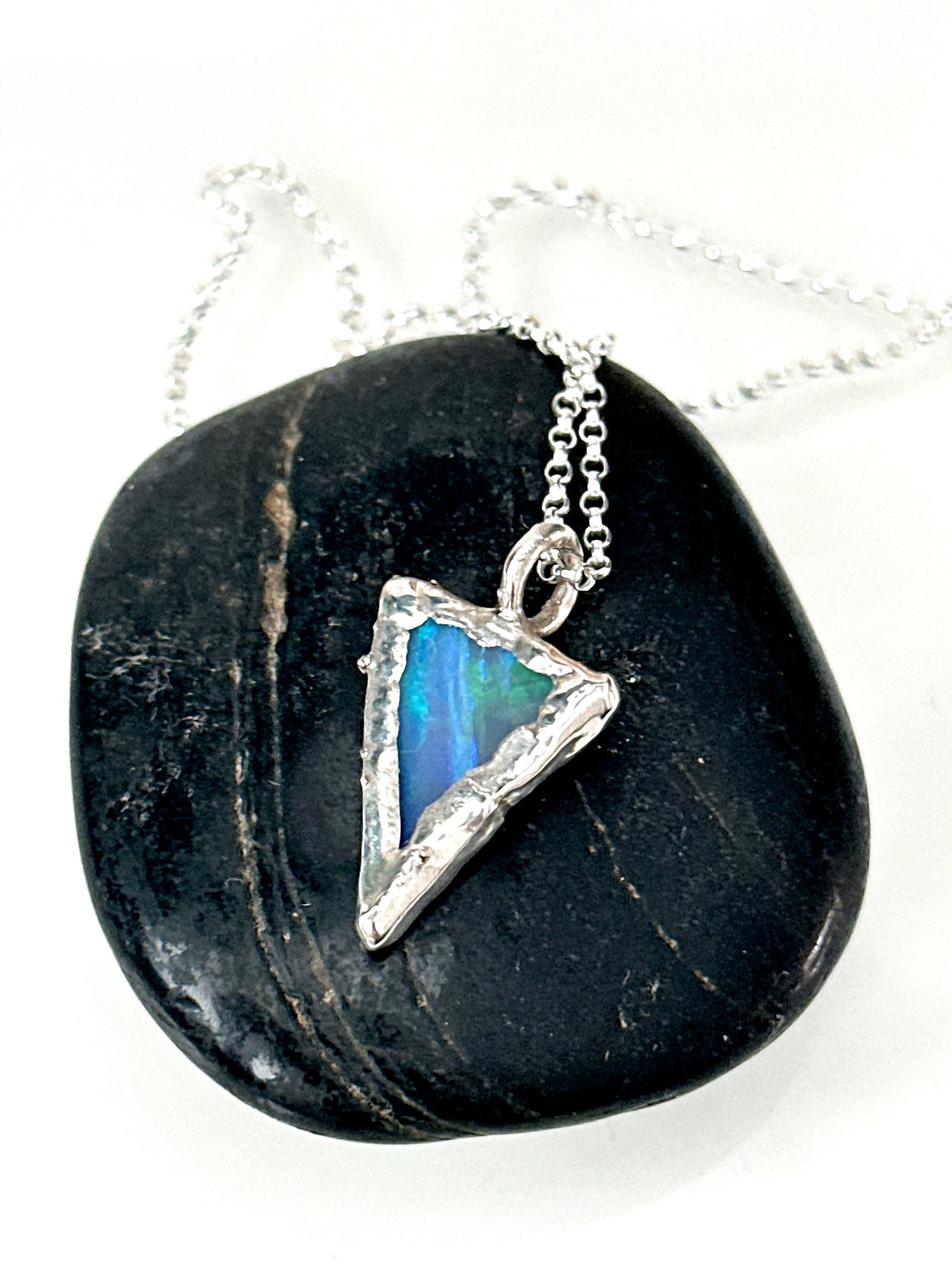 Solid Opal Silver Formed Textured Pendant Necklace