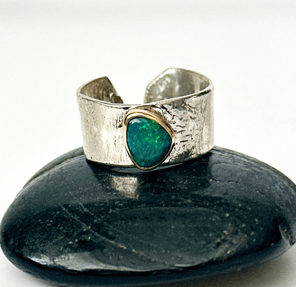 Solid Black Opal Textured Silver & 9 Carat Gold Ring