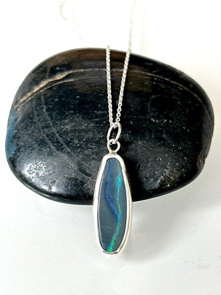 Solid Black Lightning Ridge Opal Sterling Silver Pendant Necklace