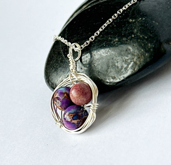 Agate Bead Nest Sterling Silver Pendant Necklace