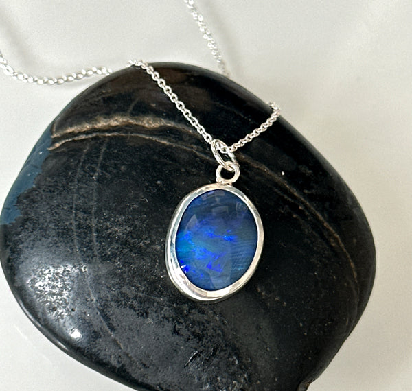 Solid Black Lightning Ridge Opal Sterling Silver Pendant Necklace