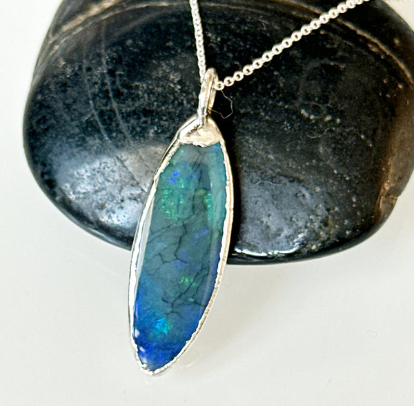 Solid Mintabie Crystal Opal Silver Pendant Necklace