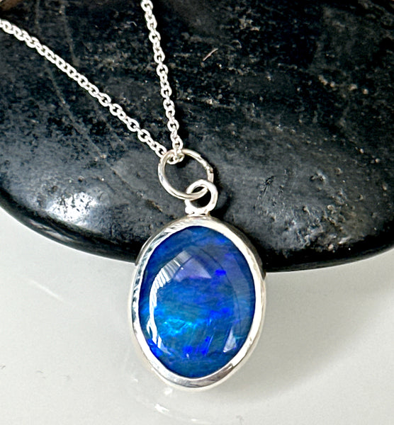 Solid Black Lightning Ridge Opal Sterling Silver Pendant Necklace