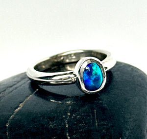 Solid Lightning Ridge Black Opal Sterling Silver Ring