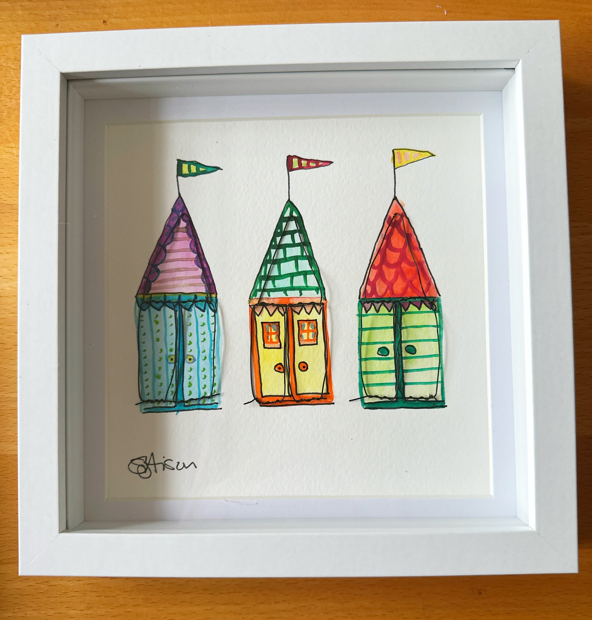 Beach Hut watercolour painting with wire sculpture