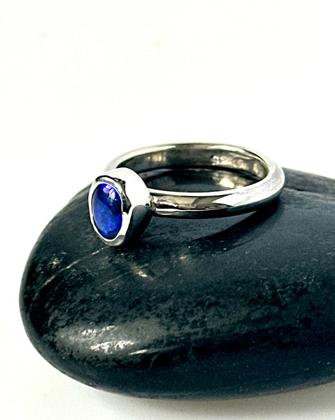 Solid Lightning Ridge Black Opal Sterling Silver Ring