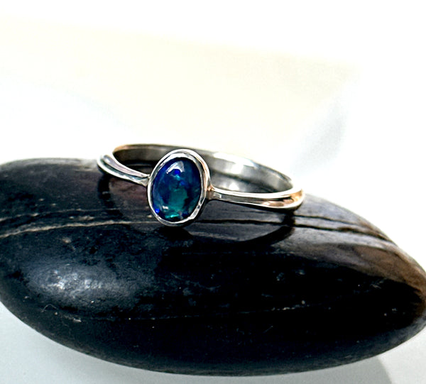 Solid Black Lightning Ridge Opal Sterling Silver Ring