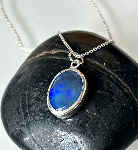 Solid Black Lightning Ridge Opal Sterling Silver Pendant Necklace