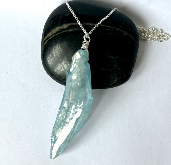 Blue Aura Crystal Quartz Sterling Silver Pendant Necklace