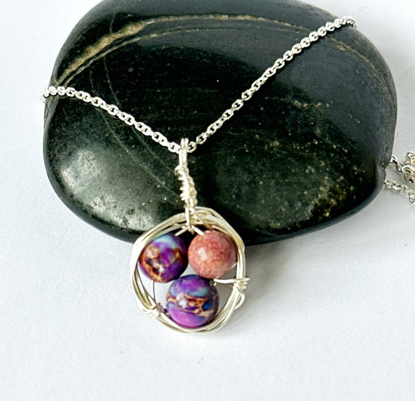 Agate Bead Nest Sterling Silver Pendant Necklace