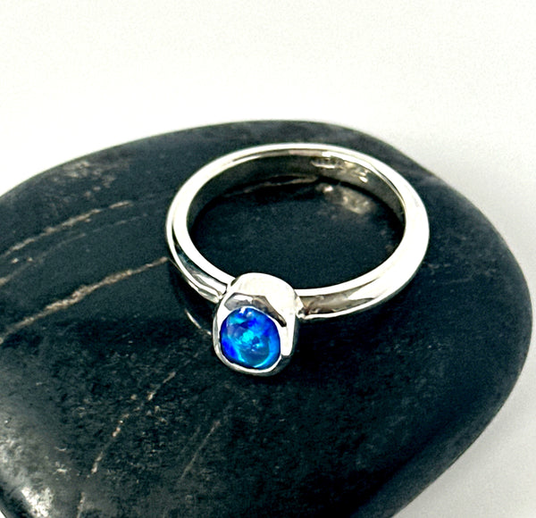 Solid Lightning Ridge Black Opal Sterling Silver Ring