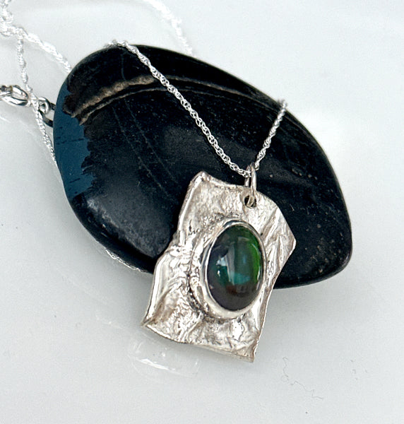 Solid Welo Black Opal Silver Textured Pendant Necklace