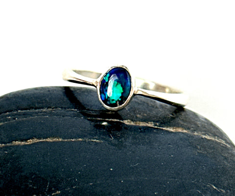 Solid Black Lightning Ridge Opal Sterling Silver Ring