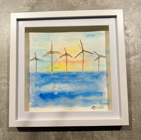 Wind farm wire sculpture & watercolour original framed art