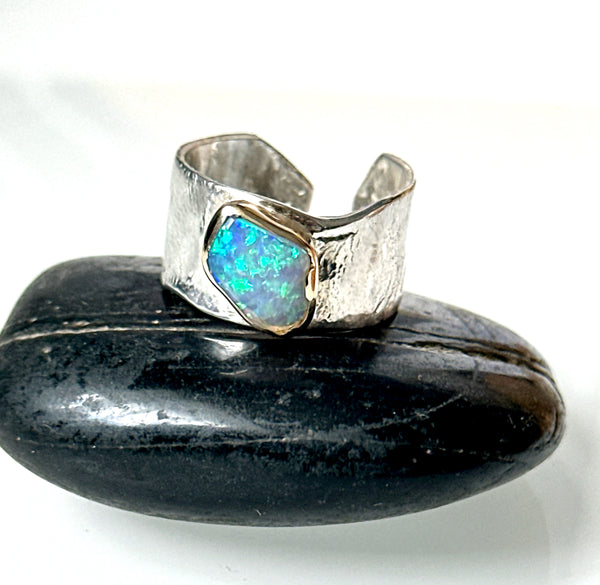 Solid Lightning Ridge Opal 9 Carat Gold & Sterling Silver Ring
