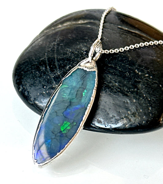 Solid Mintabie Crystal Opal Silver Pendant Necklace