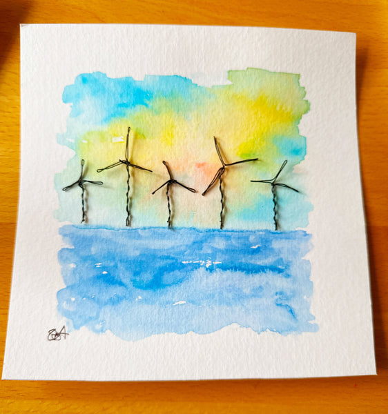 Wind Farm Watercolour & Wirework Original Framed Art