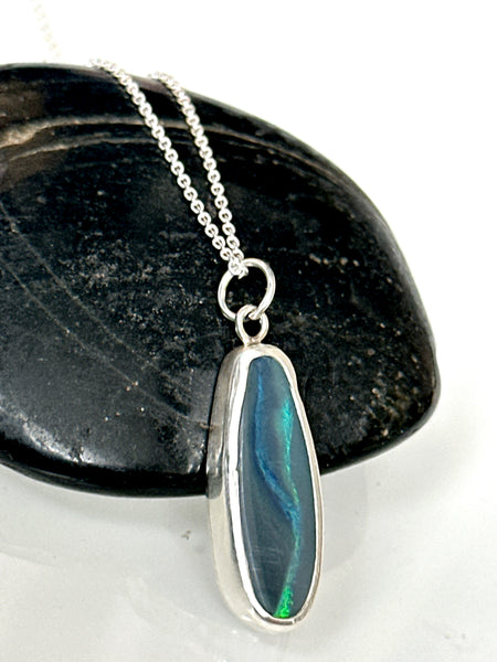 Solid Black Lightning Ridge Opal Sterling Silver Pendant Necklace