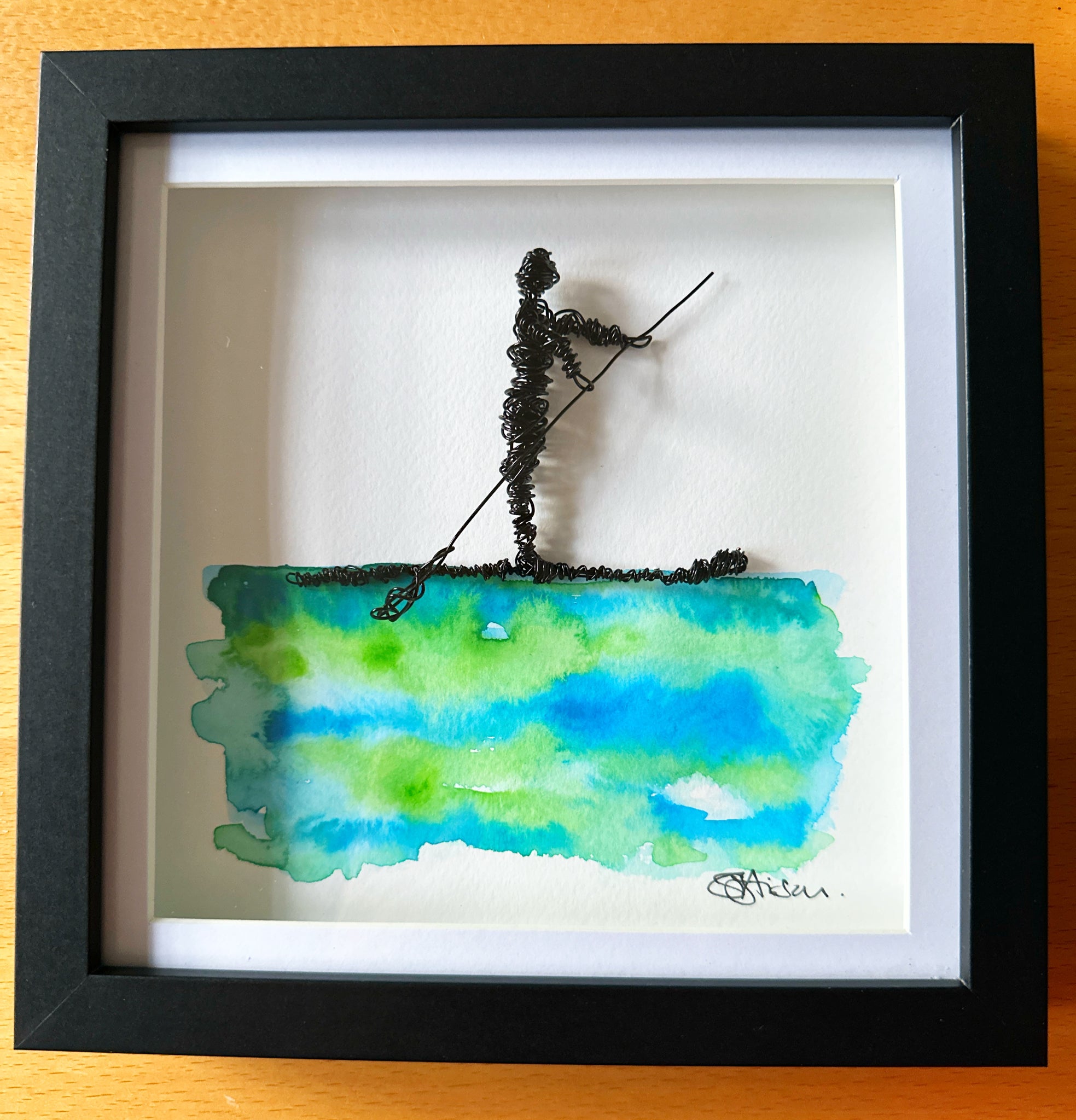 Paddle Boarder Watercolour & Wire Sculpture Art